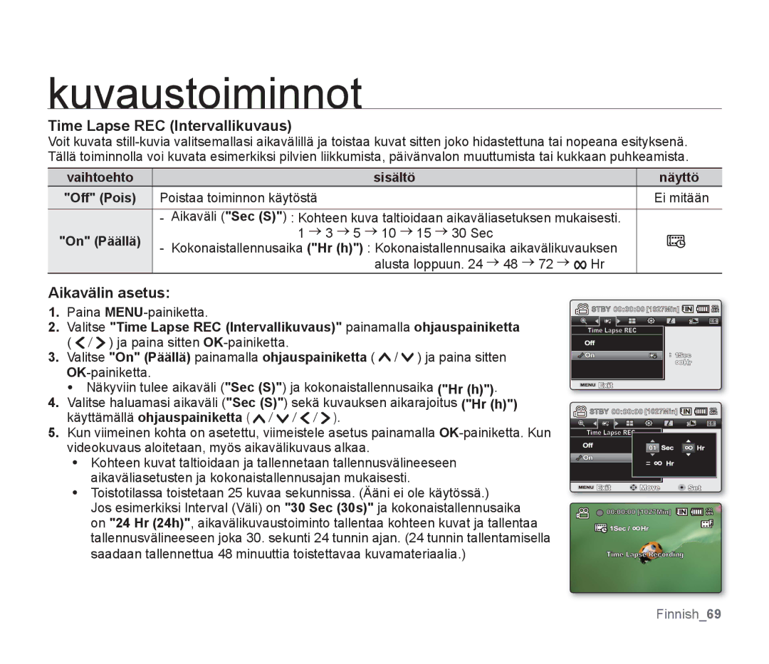 Samsung SMX-F34BP/EDC, SMX-F33BP/EDC manual Time Lapse REC Intervallikuvaus, Aikavälin asetus, Vaihtoehto, On Päällä 