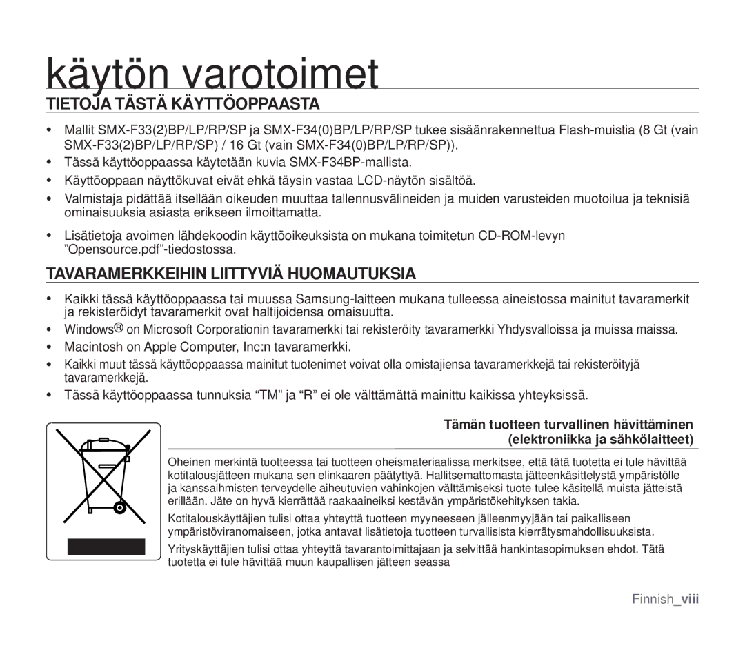 Samsung SMX-F30BP/EDC, SMX-F33BP/EDC, SMX-F30RP/EDC Tietoja Tästä Käyttöoppaasta, Tavaramerkkeihin Liittyviä Huomautuksia 