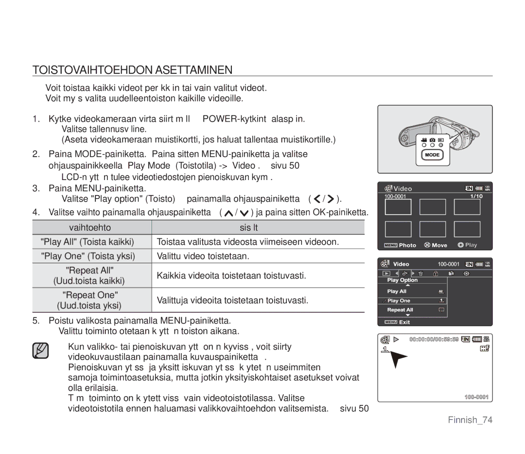 Samsung SMX-F30BP/EDC, SMX-F33BP/EDC, SMX-F30RP/EDC, SMX-F34BP/EDC, SMX-F300BP/EDC manual Toistovaihtoehdon Asettaminen 