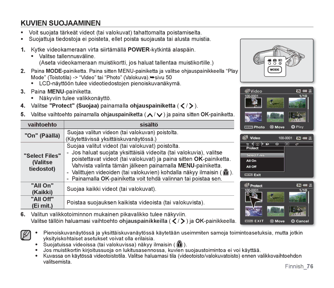 Samsung SMX-F300BP/EDC, SMX-F33BP/EDC, SMX-F30RP/EDC Kuvien Suojaaminen, Valitse Protect Suojaa painamalla ohjauspainiketta 