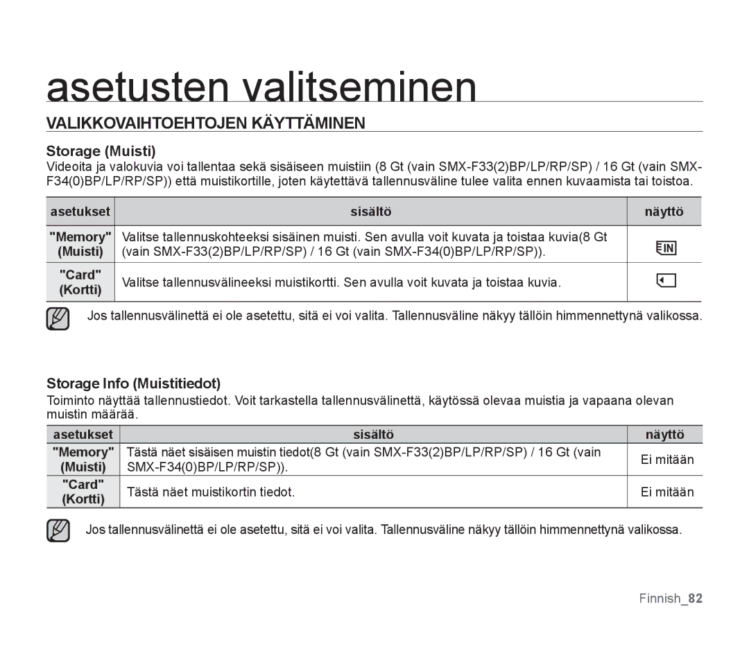 Samsung SMX-F300BP/EDC, SMX-F33BP/EDC manual Valikkovaihtoehtojen Käyttäminen, Storage Muisti, Storage Info Muistitiedot 