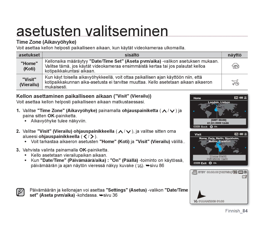 Samsung SMX-F33BP/EDC, SMX-F30RP/EDC Time Zone Aikavyöhyke, Kellon asettaminen paikalliseen aikaan Visit Vierailu, Koti 