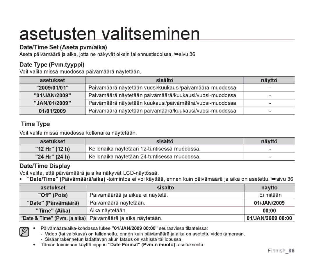 Samsung SMX-F30BP/EDC, SMX-F33BP/EDC manual Date/Time Set Aseta pvm/aika, Date Type Pvm.tyyppi, Time Type, Date/Time Display 