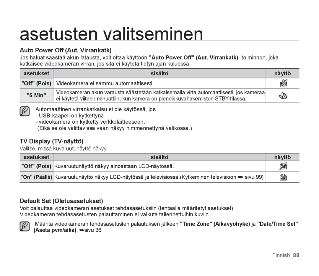 Samsung SMX-F300BP/EDC, SMX-F33BP/EDC Auto Power Off Aut. Virrankatk, TV Display TV-näyttö, Default Set Oletusasetukset 