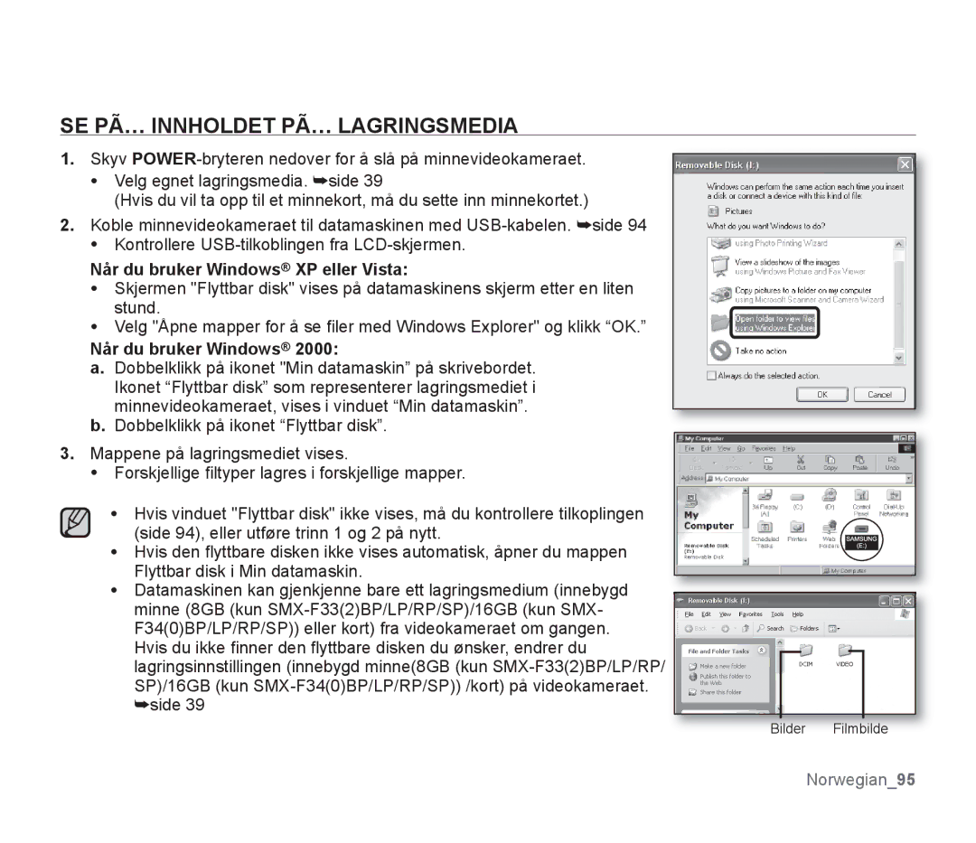 Samsung SMX-F30LP/EDC, SMX-F33BP/EDC manual SE PÃ… Innholdet PÃ… Lagringsmedia, Når du bruker Windows XP eller Vista 