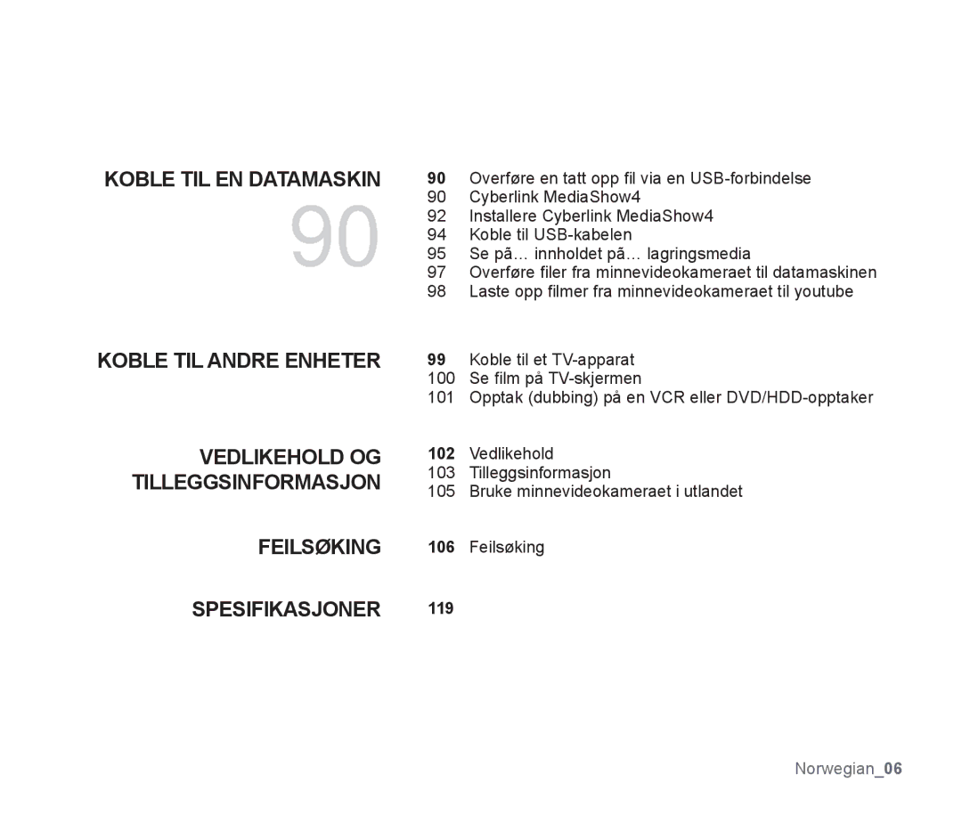 Samsung SMX-F33BP/EDC manual Koble TIL Andre Enheter Vedlikehold OG Tilleggsinformasjon, Feilsøking, Spesifikasjoner 