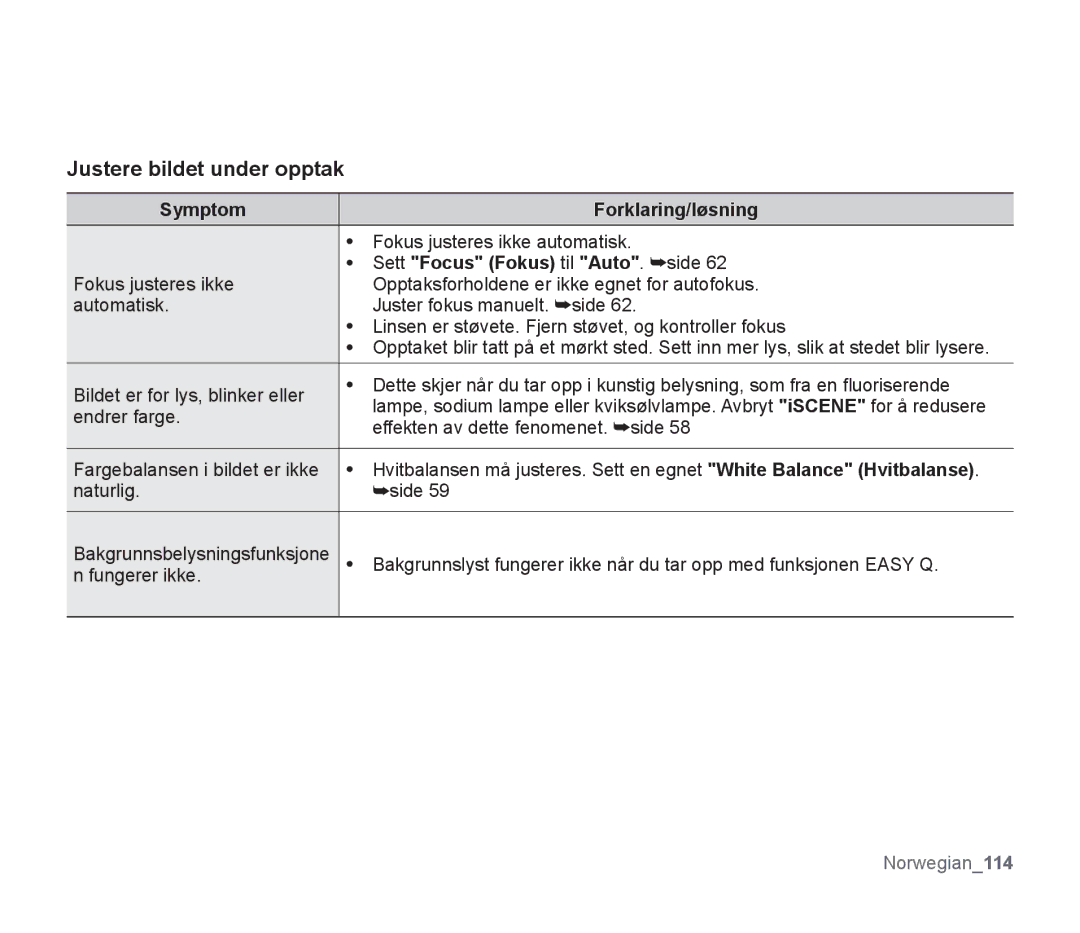 Samsung SMX-F33BP/EDC, SMX-F30RP/EDC, SMX-F30BP/EDC manual Justere bildet under opptak, Sett Focus Fokus til Auto. side 