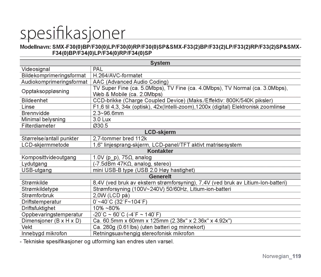 Samsung SMX-F30LP/EDC, SMX-F33BP/EDC, SMX-F30RP/EDC, SMX-F30BP/EDC, SMX-F34BP/EDC, SMX-F300BP/EDC manual Spesifi kasjoner, Pal 