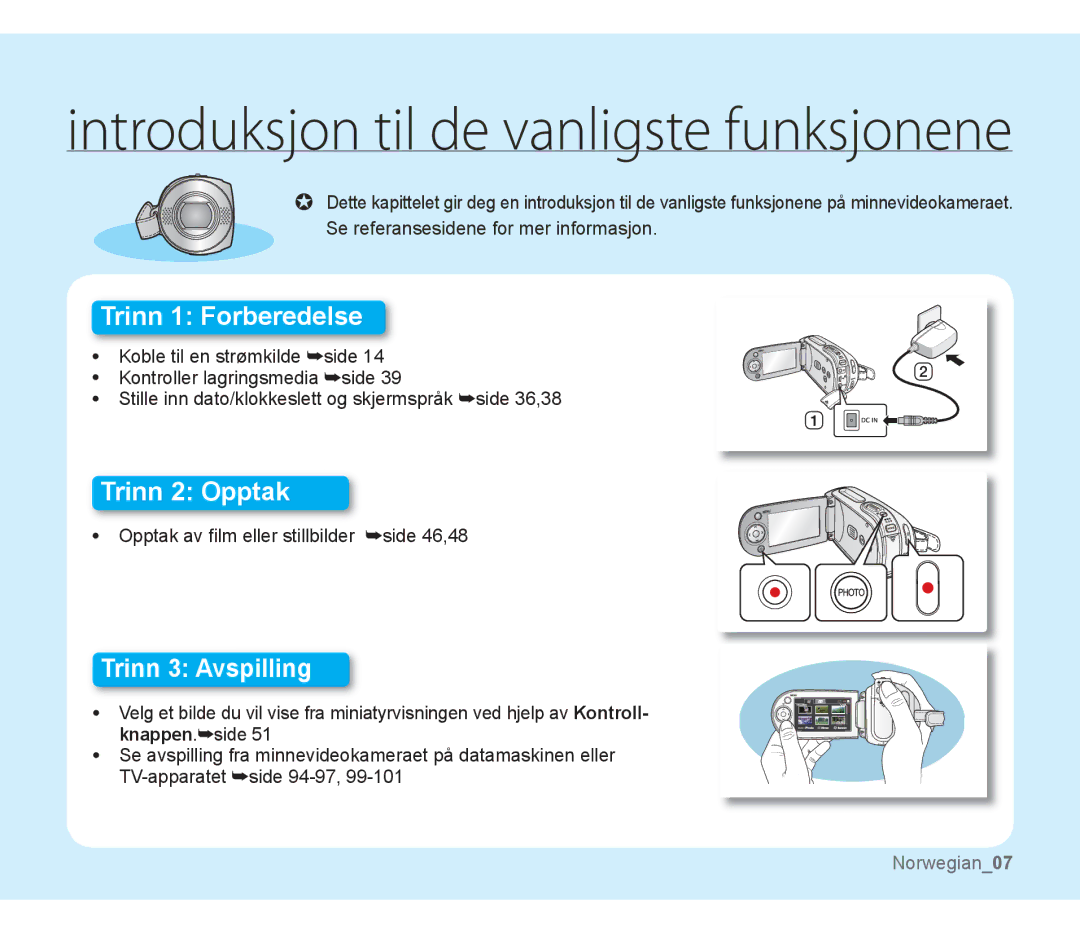 Samsung SMX-F30RP/EDC, SMX-F33BP/EDC, SMX-F30BP/EDC, SMX-F34BP/EDC, SMX-F300BP/EDC Introduksjon til de vanligste funksjonene 