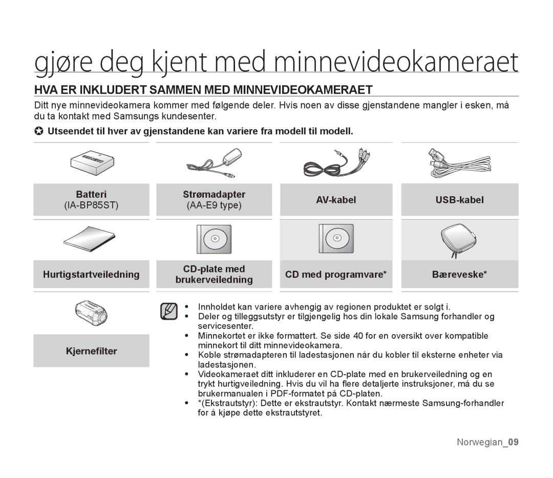 Samsung SMX-F34BP/EDC manual HVA ER Inkludert Sammen MED Minnevideokameraet, Hurtigstartveiledning Kjerneﬁlter, Bæreveske 