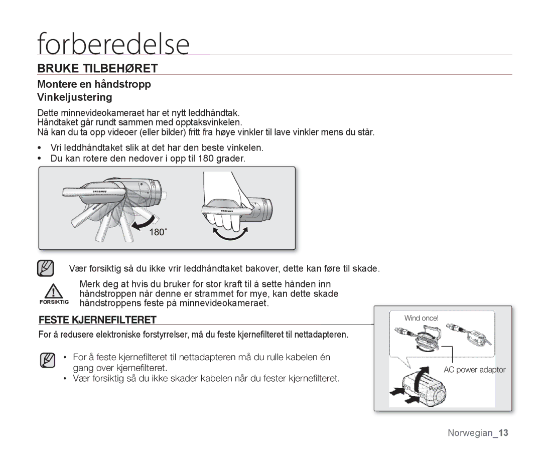 Samsung SMX-F30RP/EDC manual Montere en håndstropp Vinkeljustering, Forsiktig håndstroppens feste på minnevideokameraet 