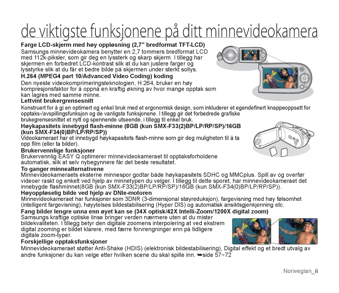 Samsung SMX-F30BP/EDC manual Farge LCD-skjerm med høy oppløsning 2,7 bredformat TFT-LCD, Lettvint brukergrensesnitt 