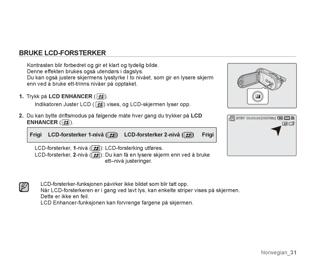 Samsung SMX-F30RP/EDC, SMX-F33BP/EDC Bruke LCD-FORSTERKER, Frigi ŠLCD-forsterker 1-nivå ŠLCD-forsterker 2-nivå Š Frigi 