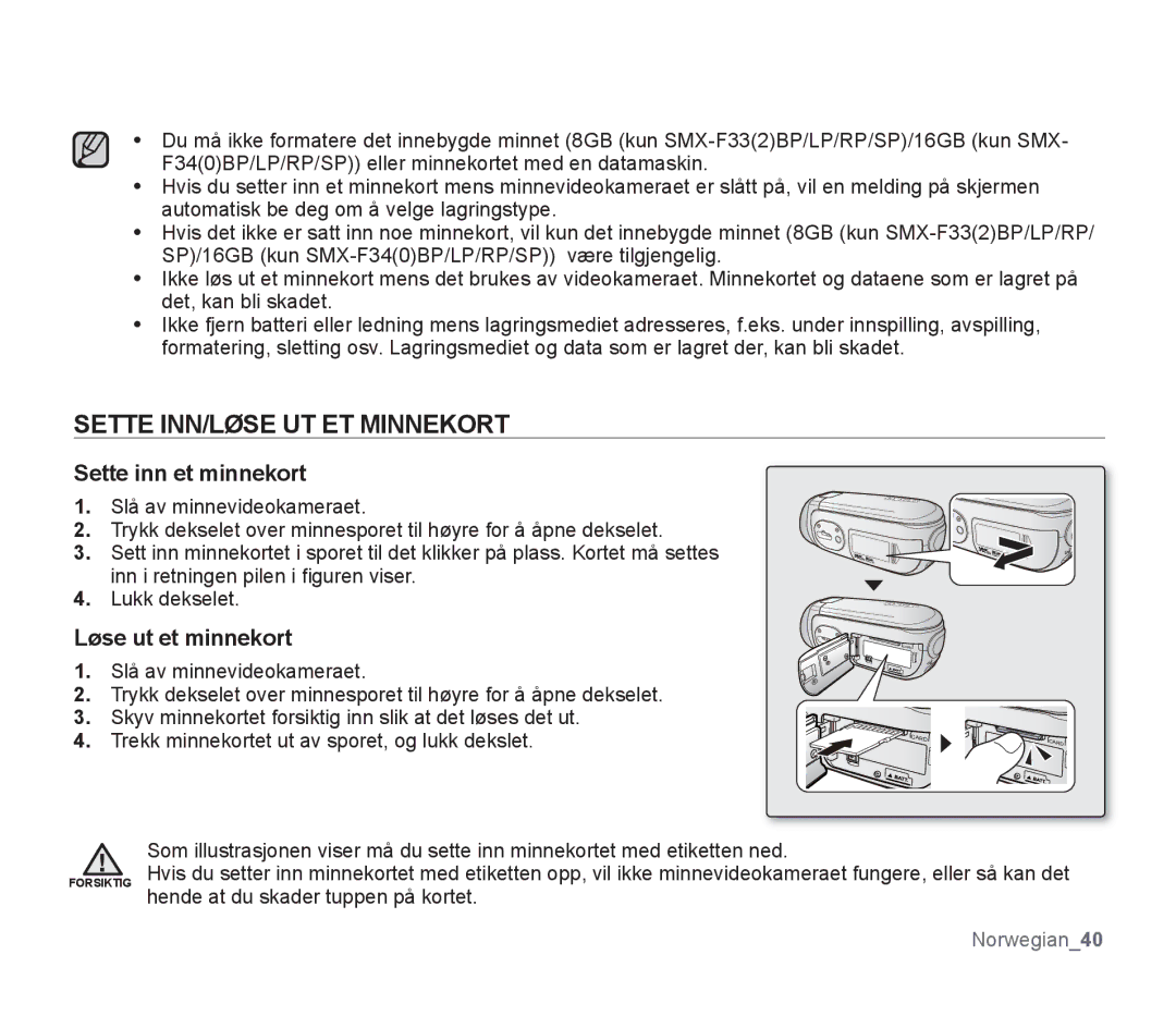 Samsung SMX-F300BP/EDC, SMX-F33BP/EDC manual Sette INN/LØSE UT ET Minnekort, Sette inn et minnekort, Løse ut et minnekort 