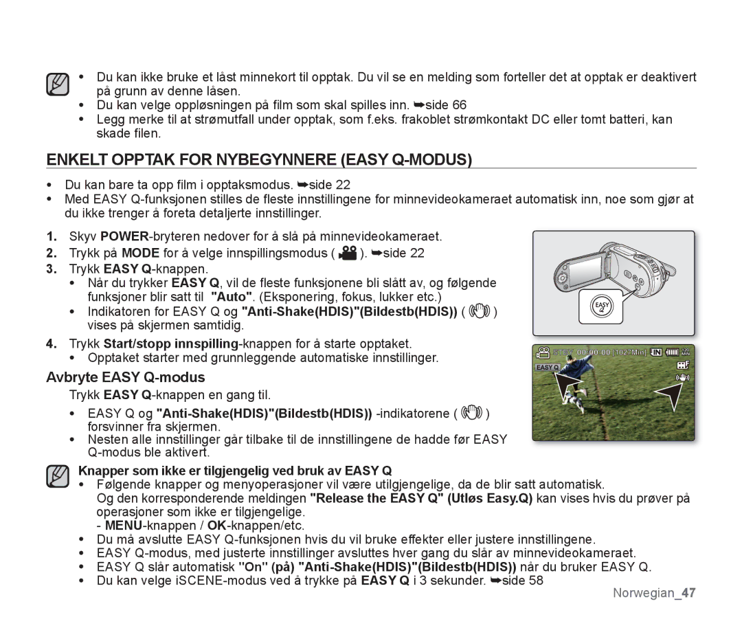 Samsung SMX-F30LP/EDC, SMX-F33BP/EDC, SMX-F30RP/EDC manual Enkelt Opptak for Nybegynnere Easy Q-MODUS, Avbryte Easy Q-modus 