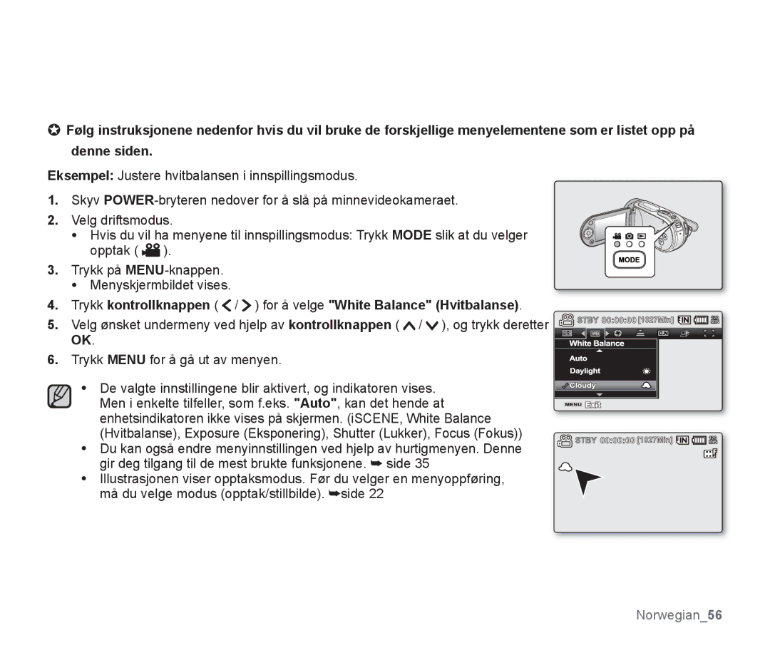 Samsung SMX-F30BP/EDC, SMX-F33BP/EDC, SMX-F30RP/EDC, SMX-F34BP/EDC, SMX-F300BP/EDC, SMX-F30LP/EDC manual Norwegian56 