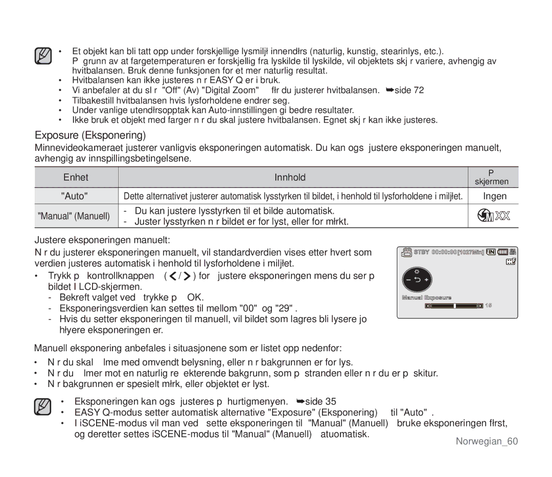 Samsung SMX-F33BP/EDC, SMX-F30RP/EDC, SMX-F30BP/EDC, SMX-F34BP/EDC manual Exposure Eksponering, Justere eksponeringen manuelt 