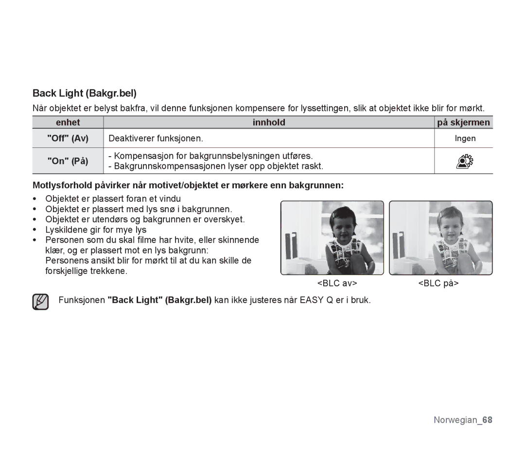 Samsung SMX-F30BP/EDC, SMX-F33BP/EDC manual Back Light Bakgr.bel, Kompensasjon for bakgrunnsbelysningen utføres, På skjermen 