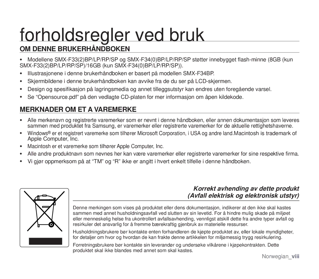 Samsung SMX-F30BP/EDC, SMX-F33BP/EDC, SMX-F30RP/EDC, SMX-F34BP/EDC OM Denne Brukerhåndboken, Merknader OM ET a Varemerke 