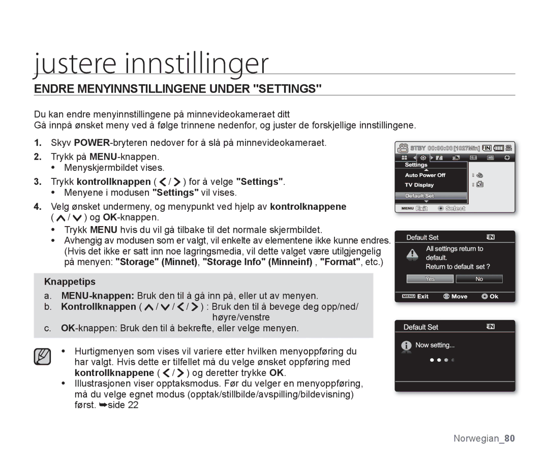 Samsung SMX-F30BP/EDC, SMX-F33BP/EDC Justere innstillinger, Endre Menyinnstillingene Under Settings, Kontrollknappene 