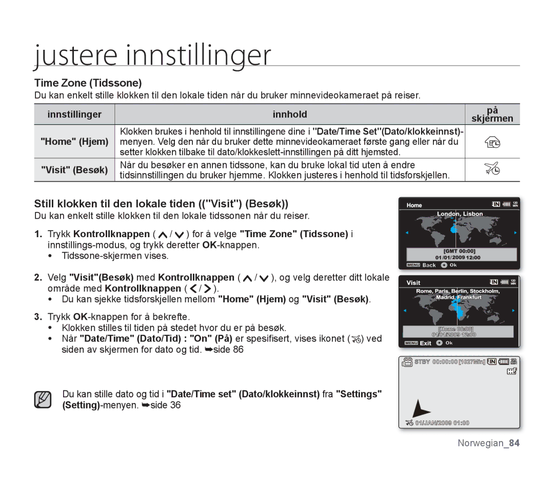 Samsung SMX-F33BP/EDC, SMX-F30RP/EDC, SMX-F30BP/EDC manual Time Zone Tidssone, Still klokken til den lokale tiden Visit Besøk 
