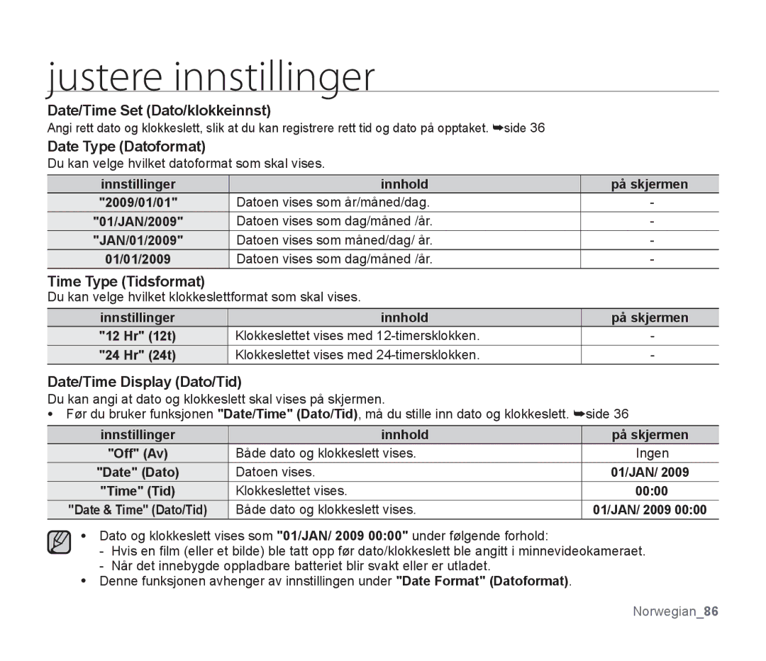 Samsung SMX-F30BP/EDC, SMX-F33BP/EDC manual Date/Time Set Dato/klokkeinnst, Date Type Datoformat, Time Type Tidsformat 