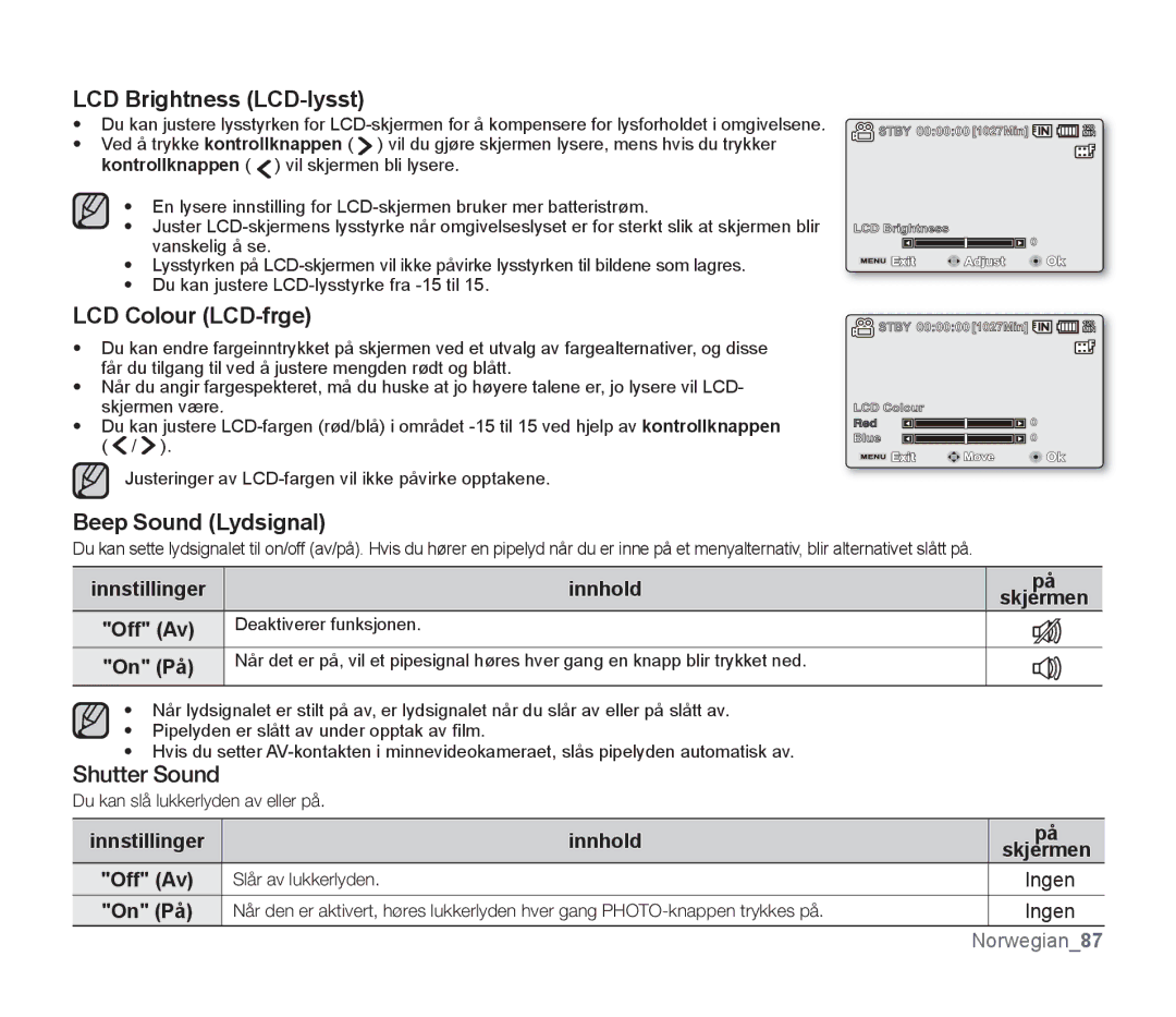 Samsung SMX-F34BP/EDC, SMX-F33BP/EDC, SMX-F30RP/EDC LCD Brightness LCD-lysst, LCD Colour LCD-frge, Beep Sound Lydsignal 