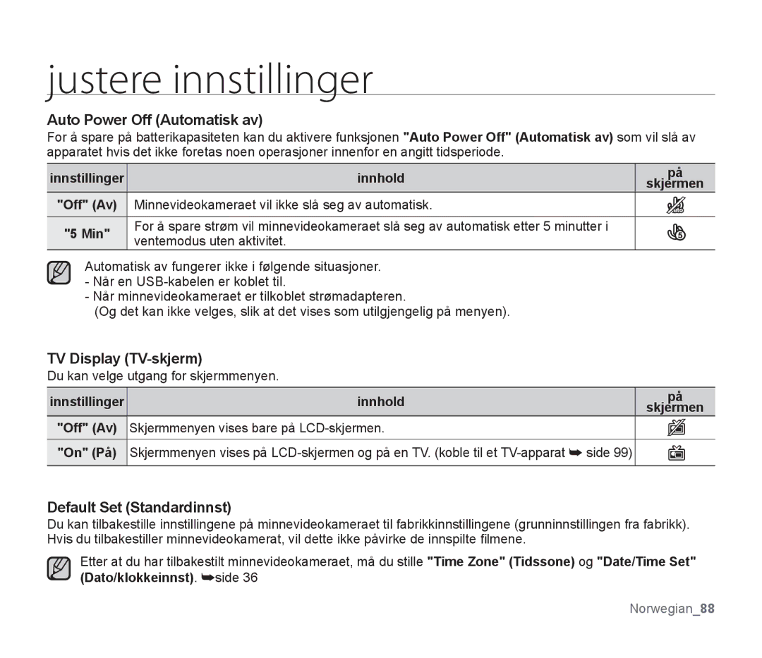 Samsung SMX-F300BP/EDC, SMX-F33BP/EDC manual Auto Power Off Automatisk av, TV Display TV-skjerm, Default Set Standardinnst 