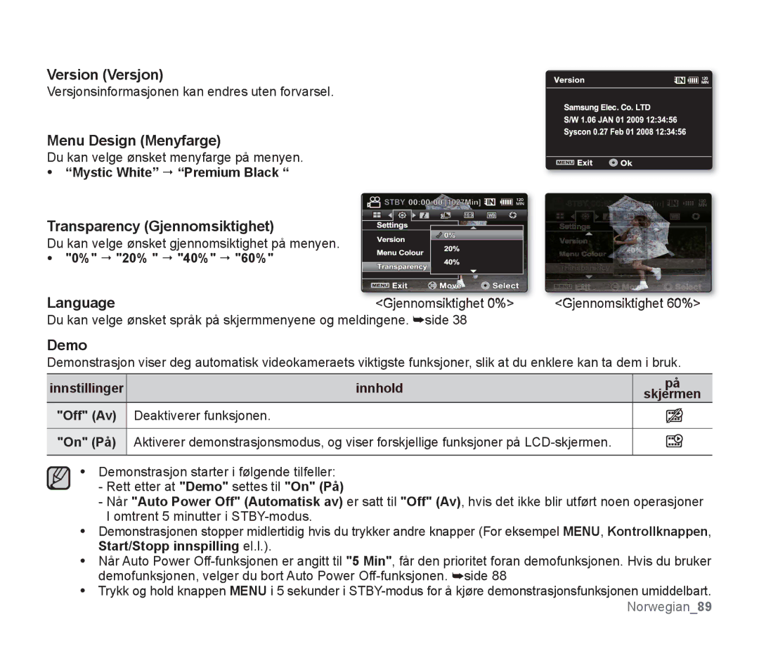 Samsung SMX-F30LP/EDC, SMX-F33BP/EDC Version Versjon, Menu Design Menyfarge, Transparency Gjennomsiktighet, Language, Demo 