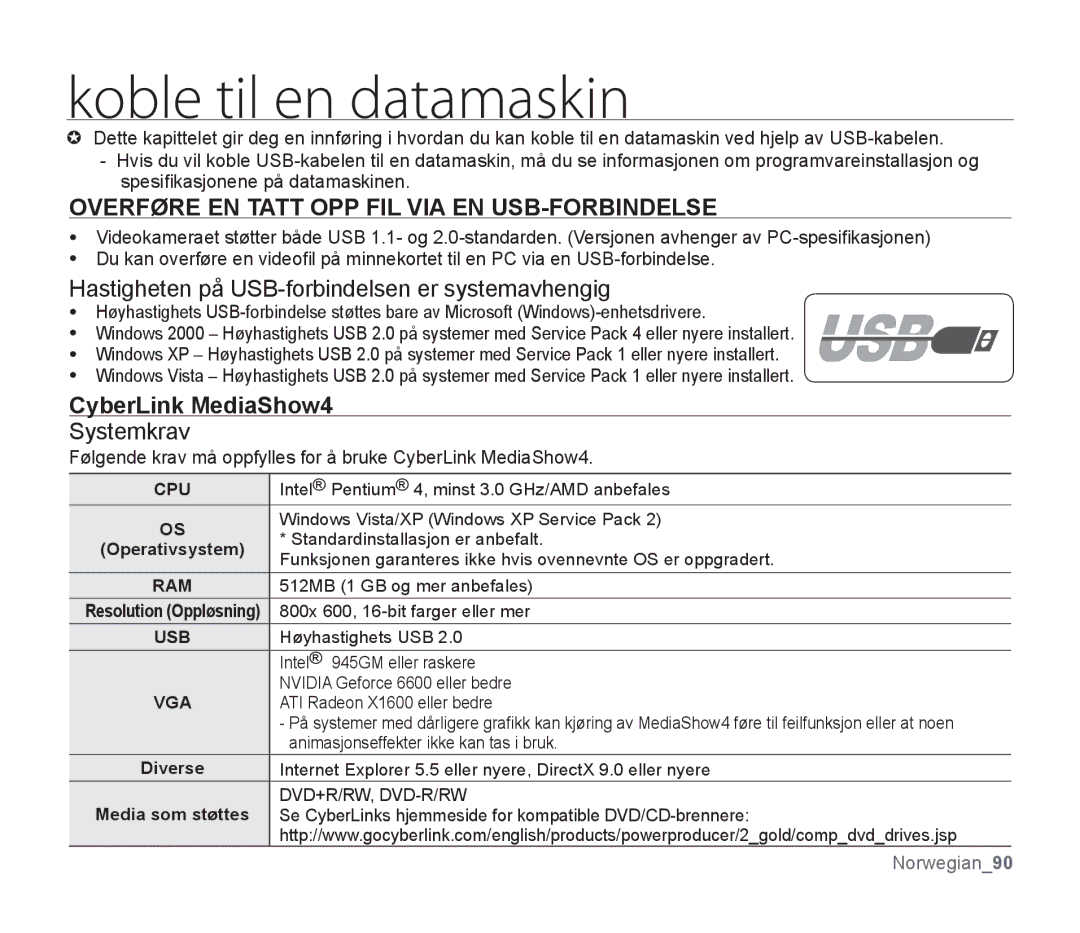 Samsung SMX-F33BP/EDC manual Koble til en datamaskin, Overføre EN Tatt OPP FIL VIA EN USB-FORBINDELSE, CyberLink MediaShow4 