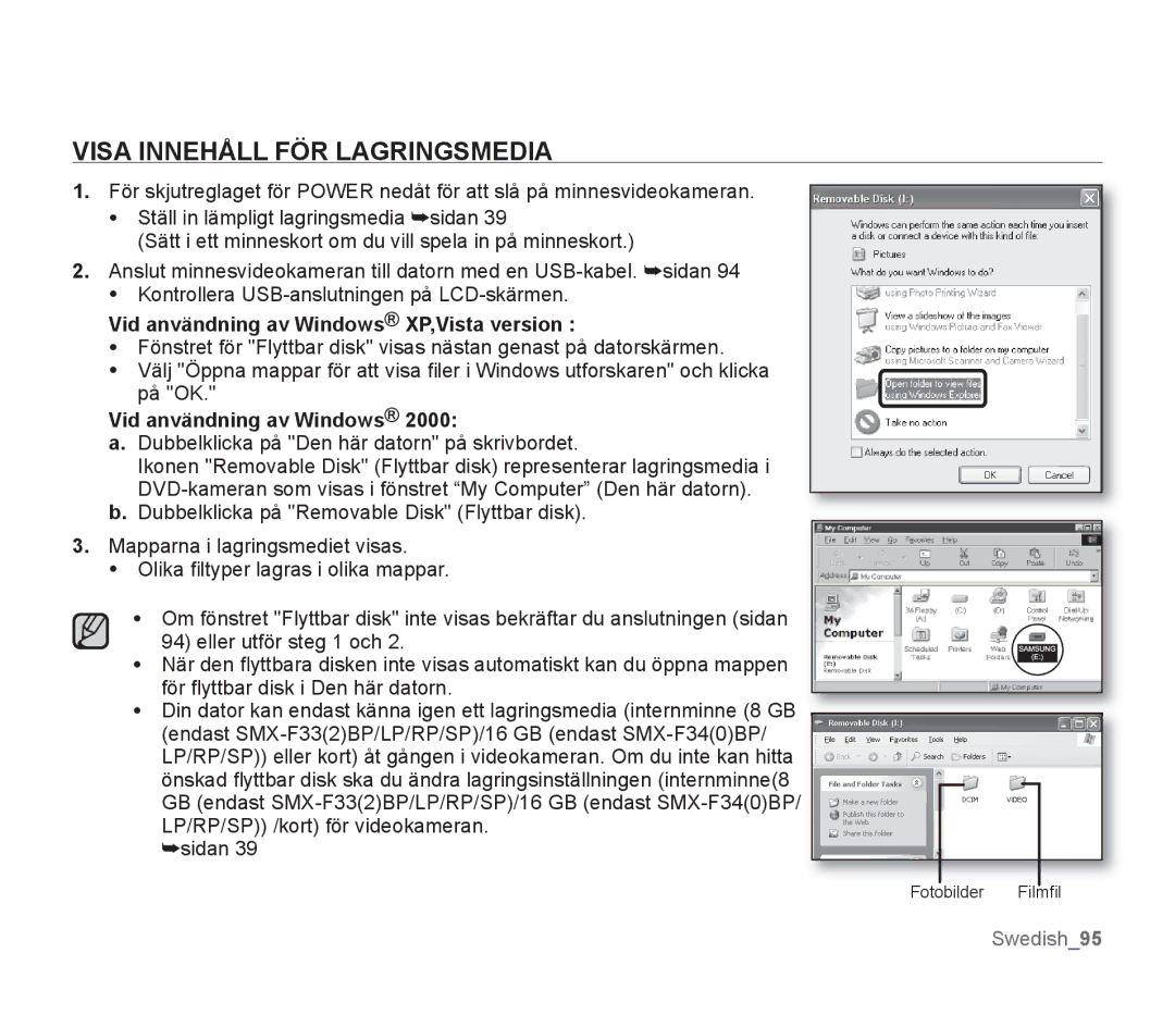 Samsung SMX-F30LP/EDC, SMX-F33BP/EDC manual Visa Innehåll FÖR Lagringsmedia, Vid användning av Windows XP,Vista version 