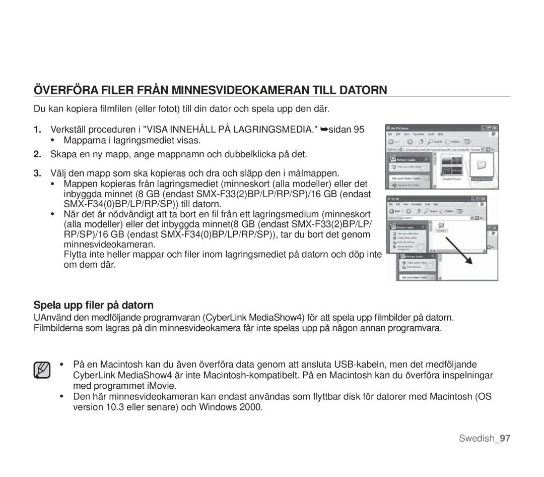 Samsung SMX-F30RP/EDC, SMX-F33BP/EDC manual Överföra Filer Från Minnesvideokameran Till Datorn, Spela upp ﬁler på datorn 