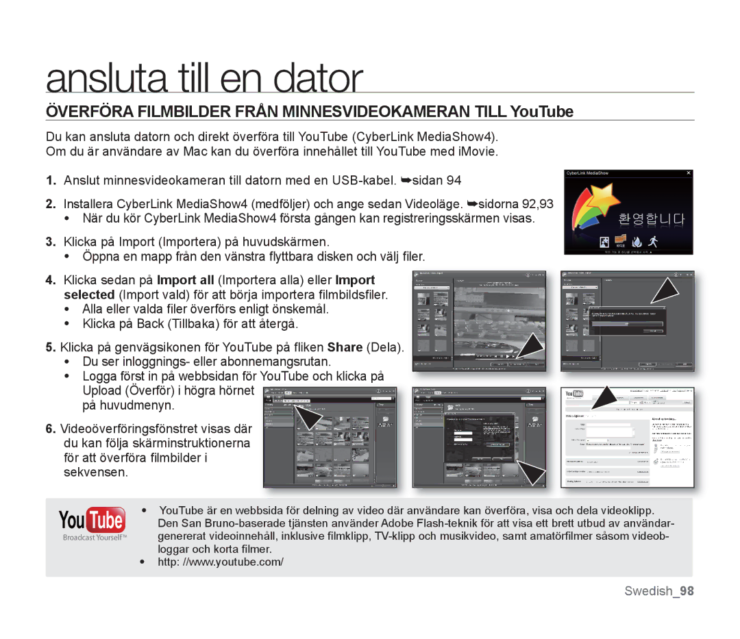 Samsung SMX-F30BP/EDC, SMX-F33BP/EDC, SMX-F30RP/EDC manual Överföra Filmbilder Från Minnesvideokameran Till YouTube, You Tube 