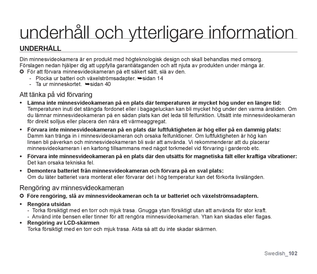 Samsung SMX-F33BP/EDC, SMX-F30RP/EDC, SMX-F30BP/EDC manual Underhåll och ytterligare information, Rengöring av LCD-skärmen 