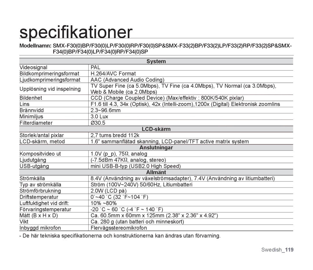 Samsung SMX-F30LP/EDC, SMX-F33BP/EDC, SMX-F30RP/EDC, SMX-F30BP/EDC, SMX-F34BP/EDC, SMX-F300BP/EDC manual Speciﬁkationer, Pal 