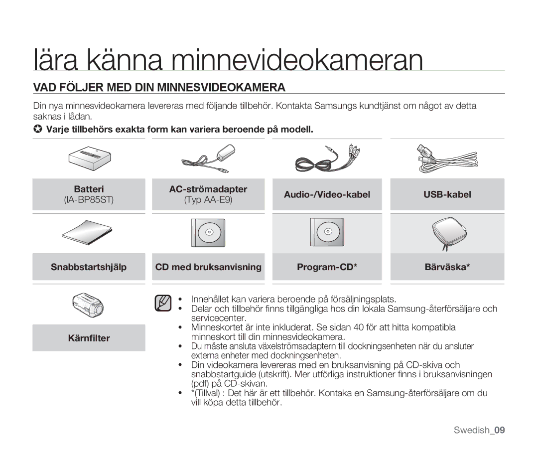 Samsung SMX-F34BP/EDC, SMX-F33BP/EDC, SMX-F30RP/EDC manual Lära känna minnevideokameran, VAD Följer MED DIN Minnesvideokamera 