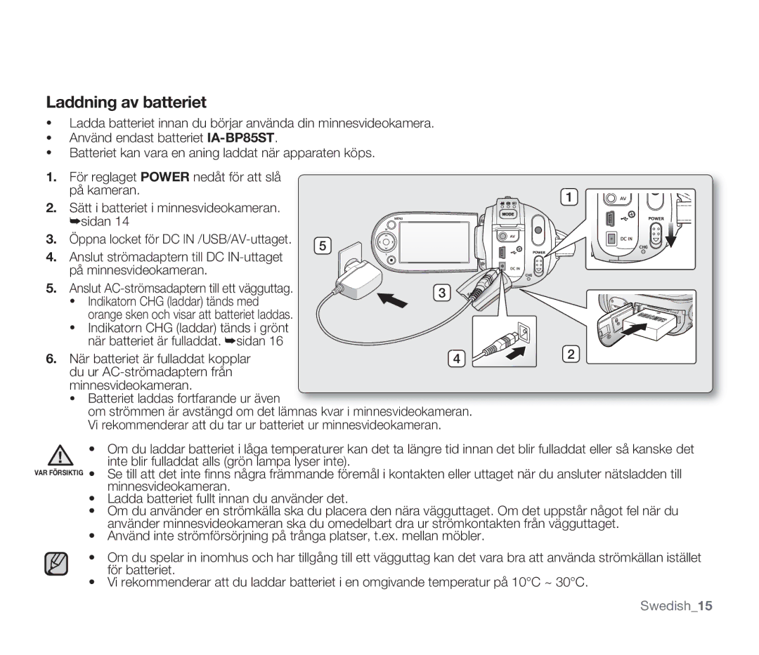 Samsung SMX-F34BP/EDC, SMX-F33BP/EDC, SMX-F30RP/EDC, SMX-F30BP/EDC, SMX-F300BP/EDC, SMX-F30LP/EDC manual Laddning av batteriet 