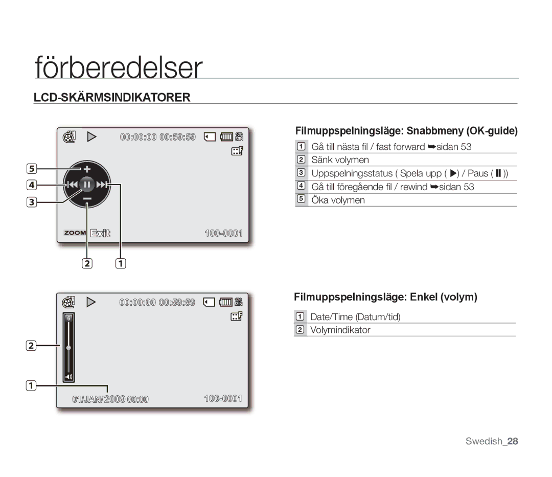 Samsung SMX-F300BP/EDC, SMX-F33BP/EDC manual Filmuppspelningsläge Snabbmeny OK-guide, Filmuppspelningsläge Enkel volym 