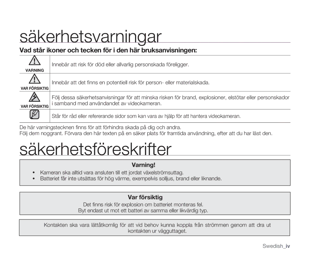 Samsung SMX-F300BP/EDC, SMX-F33BP/EDC, SMX-F30RP/EDC manual Säkerhetsvarningar, Säkerhetsföreskrifter, Varning, Var försiktig 