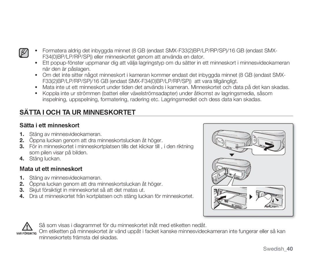 Samsung SMX-F300BP/EDC, SMX-F33BP/EDC manual Sätta I OCH TA UR Minneskortet, Sätta i ett minneskort, Mata ut ett minneskort 