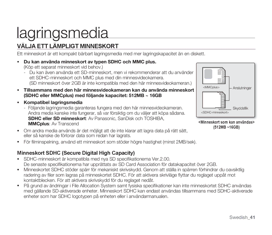 Samsung SMX-F30LP/EDC Välja ETT Lämpligt Minneskort, Minneskort Sdhc Secure Digital High Capacity, MMCplus Av Transcend 