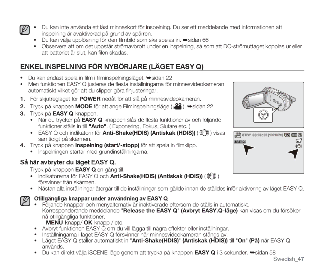 Samsung SMX-F30LP/EDC, SMX-F33BP/EDC manual Enkel Inspelning FÖR Nybörjare Läget Easy Q, Så här avbryter du läget Easy Q 