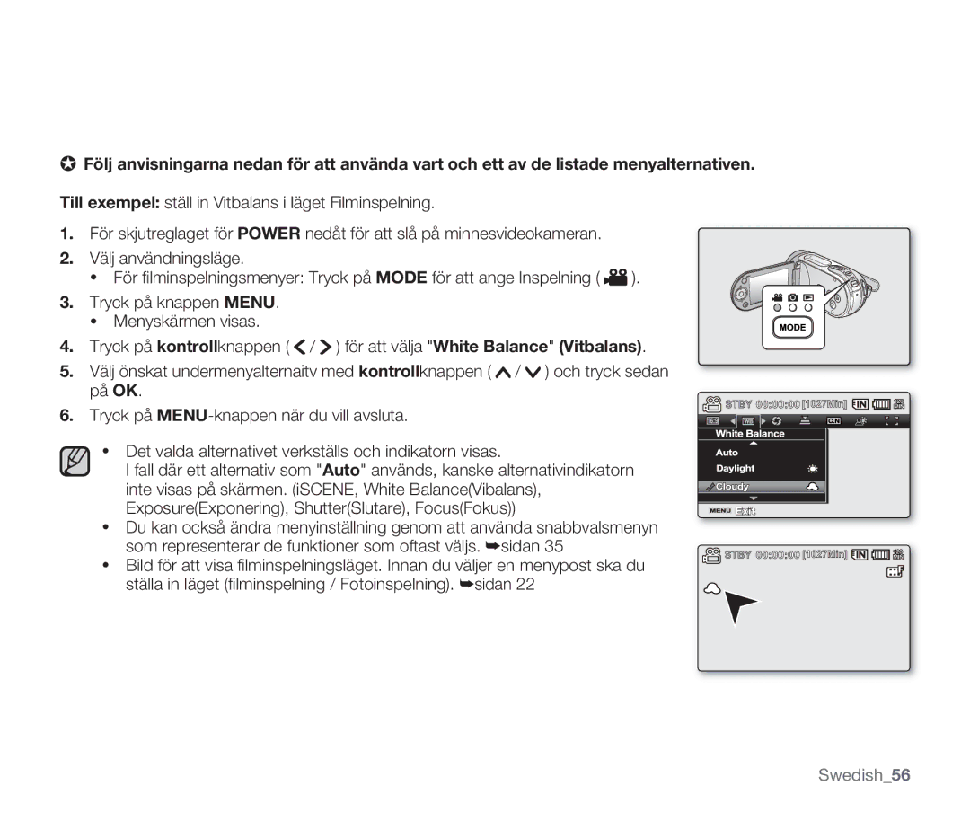 Samsung SMX-F30BP/EDC, SMX-F33BP/EDC, SMX-F30RP/EDC, SMX-F34BP/EDC, SMX-F300BP/EDC, SMX-F30LP/EDC manual Swedish56 