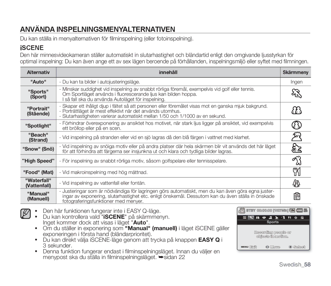 Samsung SMX-F300BP/EDC, SMX-F33BP/EDC, SMX-F30RP/EDC, SMX-F30BP/EDC manual Använda Inspelningsmenyalternativen, Iscene 