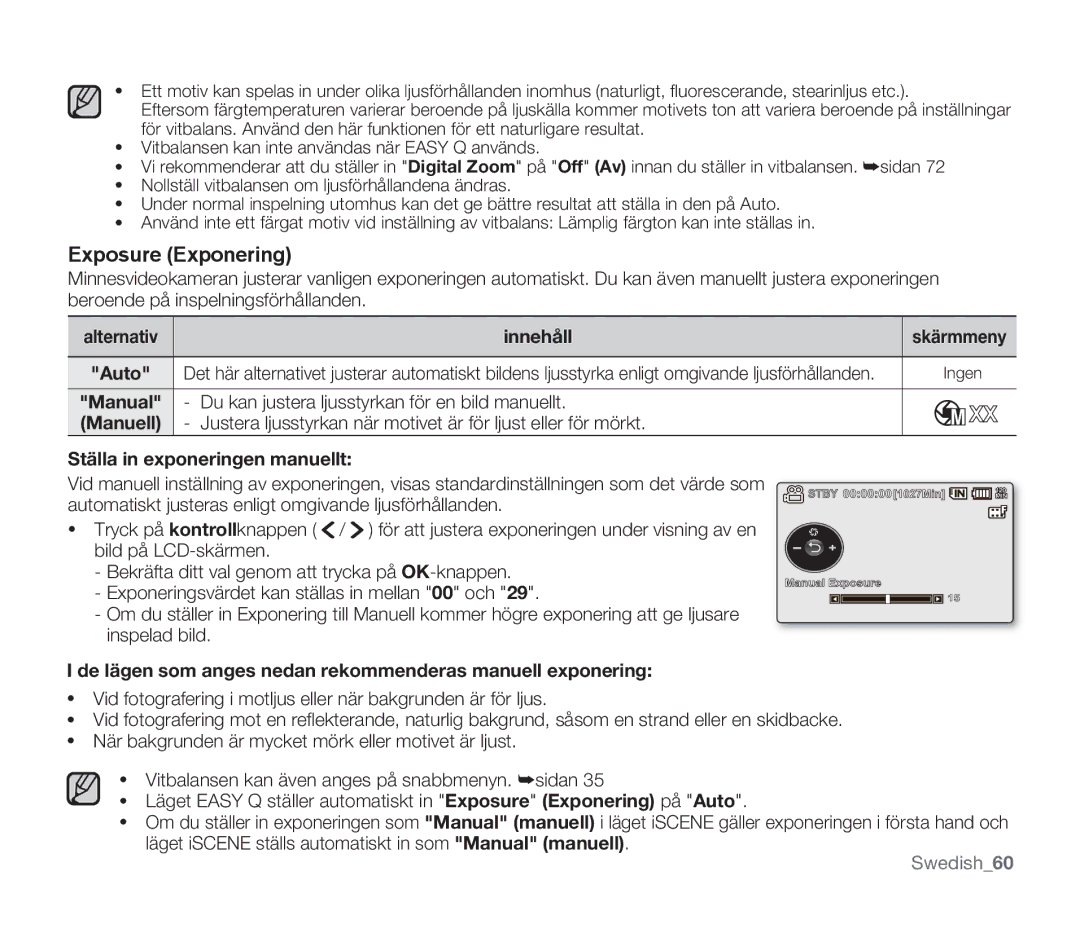 Samsung SMX-F33BP/EDC, SMX-F30RP/EDC, SMX-F30BP/EDC manual Exposure Exponering, Manuell, Ställa in exponeringen manuellt 