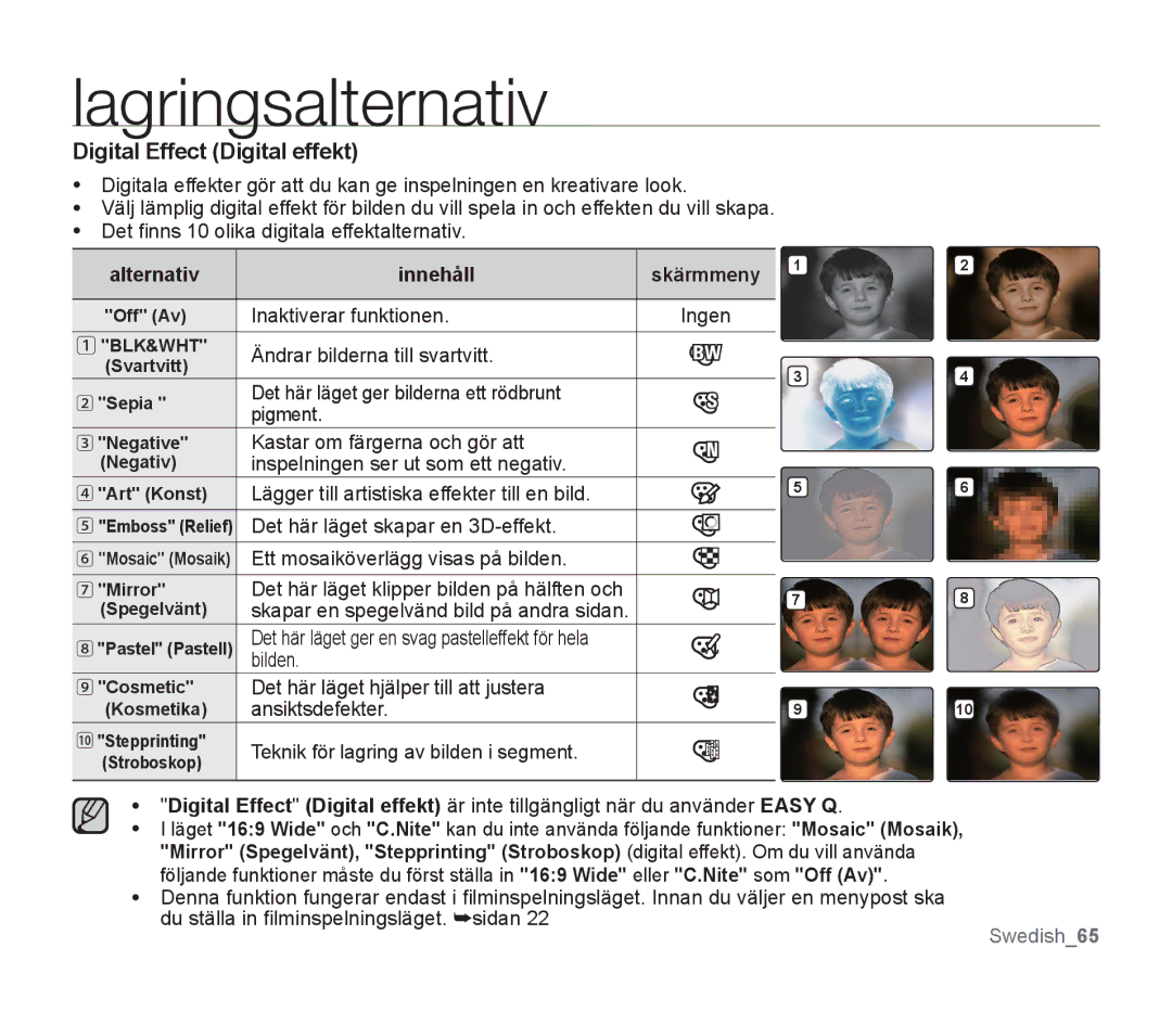 Samsung SMX-F30LP/EDC, SMX-F33BP/EDC manual Digital Effect Digital effekt, Det här läget klipper bilden på hälften och 