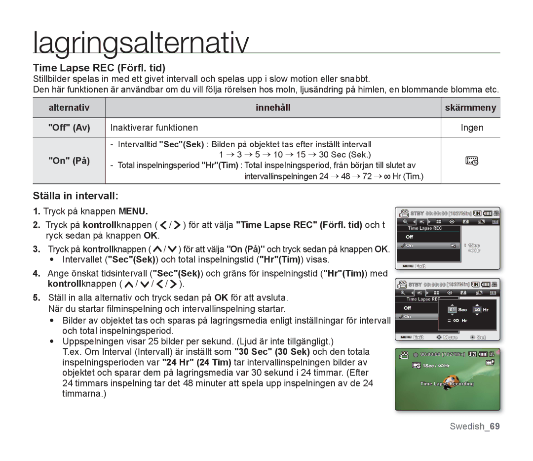 Samsung SMX-F34BP/EDC, SMX-F33BP/EDC, SMX-F30RP/EDC, SMX-F30BP/EDC manual Time Lapse REC Förﬂ. tid, Ställa in intervall 