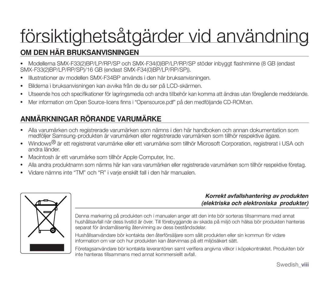 Samsung SMX-F30BP/EDC, SMX-F33BP/EDC, SMX-F30RP/EDC manual OM DEN HÄR Bruksanvisningen, Anmärkningar Rörande Varumärke 