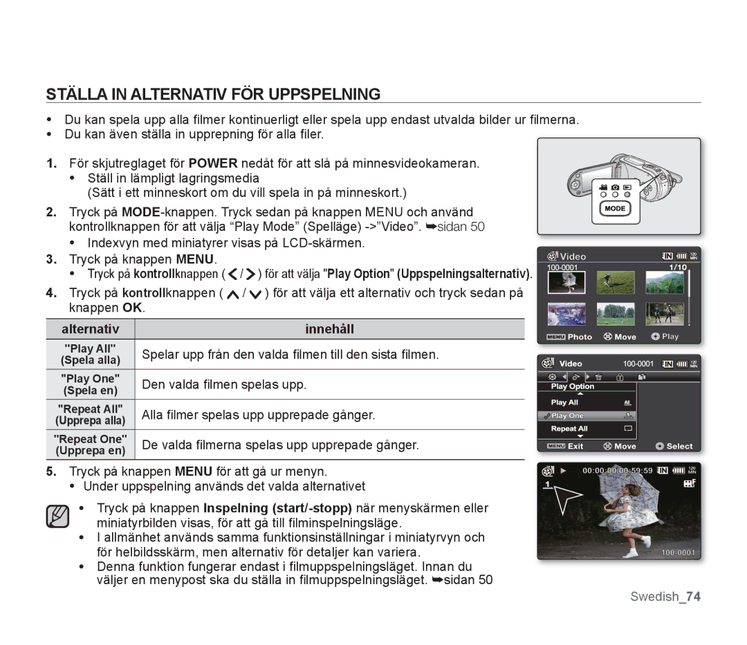 Samsung SMX-F30BP/EDC manual Ställa in Alternativ FÖR Uppspelning, Spelar upp från den valda ﬁlmen till den sista ﬁlmen 