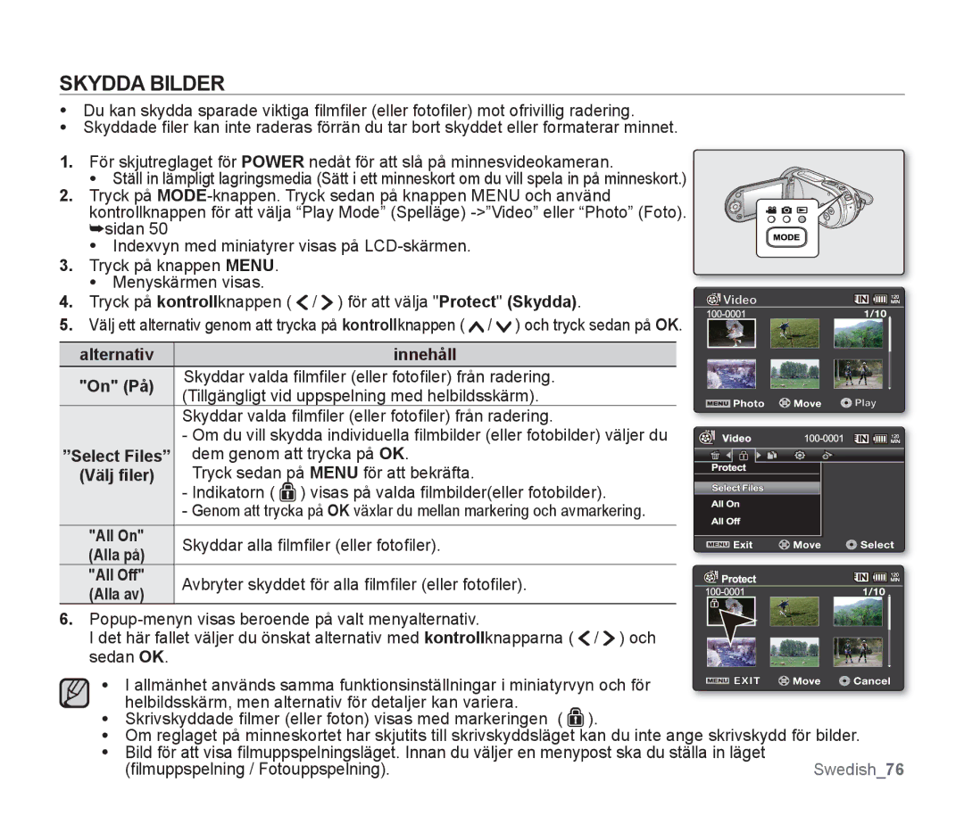 Samsung SMX-F300BP/EDC, SMX-F33BP/EDC manual Skydda Bilder, Tryck på kontrollknappen För att välja Protect Skydda, Alla av 